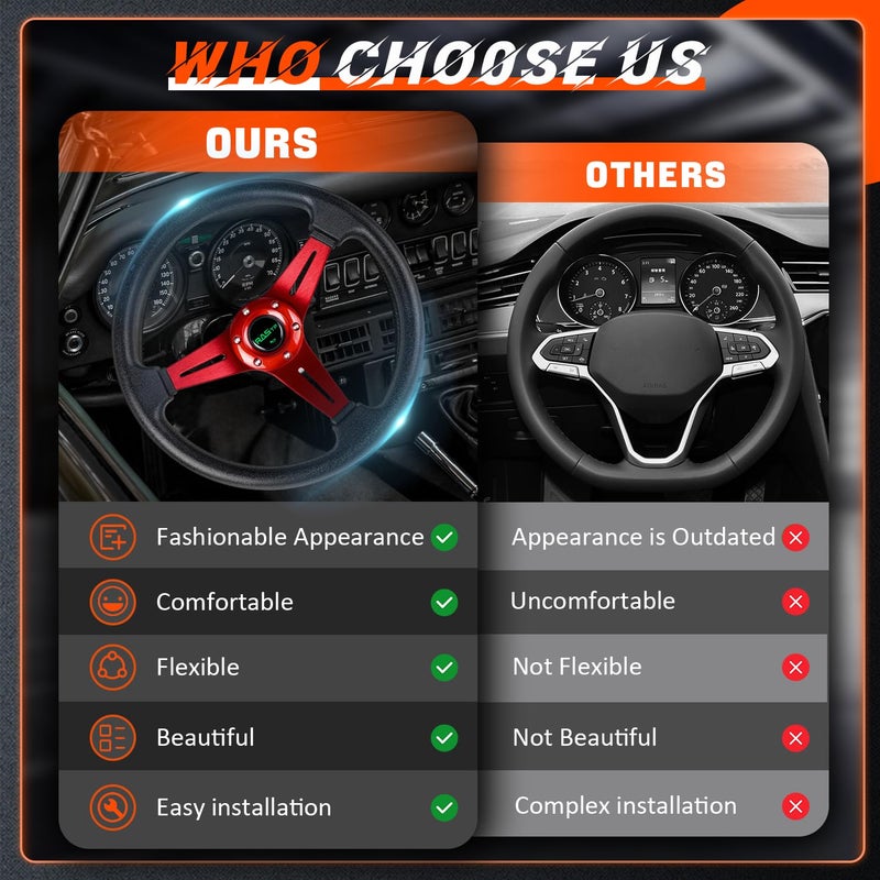 RASTP Universal Racing Steering Wheel 13.8â€/350mm 6 Bolts Grip Vinyl Leather & Aluminum with Horn Button for Car -Red - Image 3